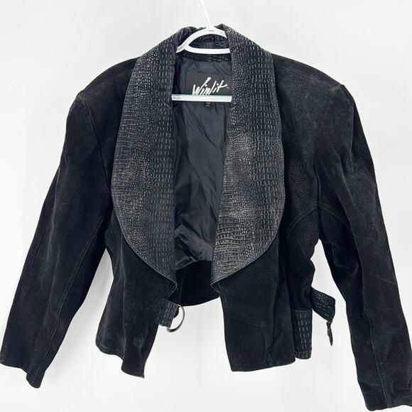 Vintage WINLIT Suede buckle waist Coat hour glass silhouette 80s western size L - Picture 1 of 8